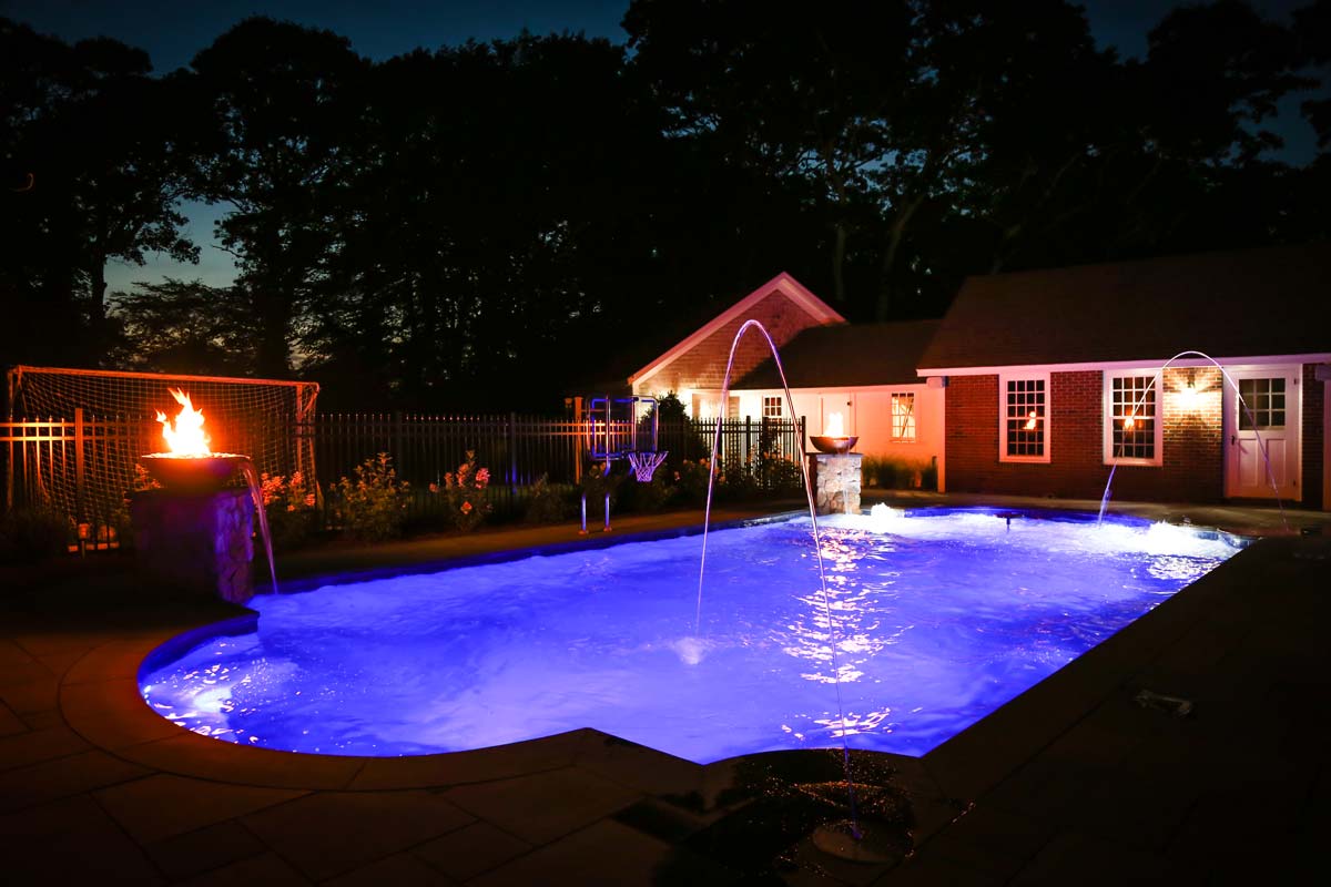 New pool with water jets at night