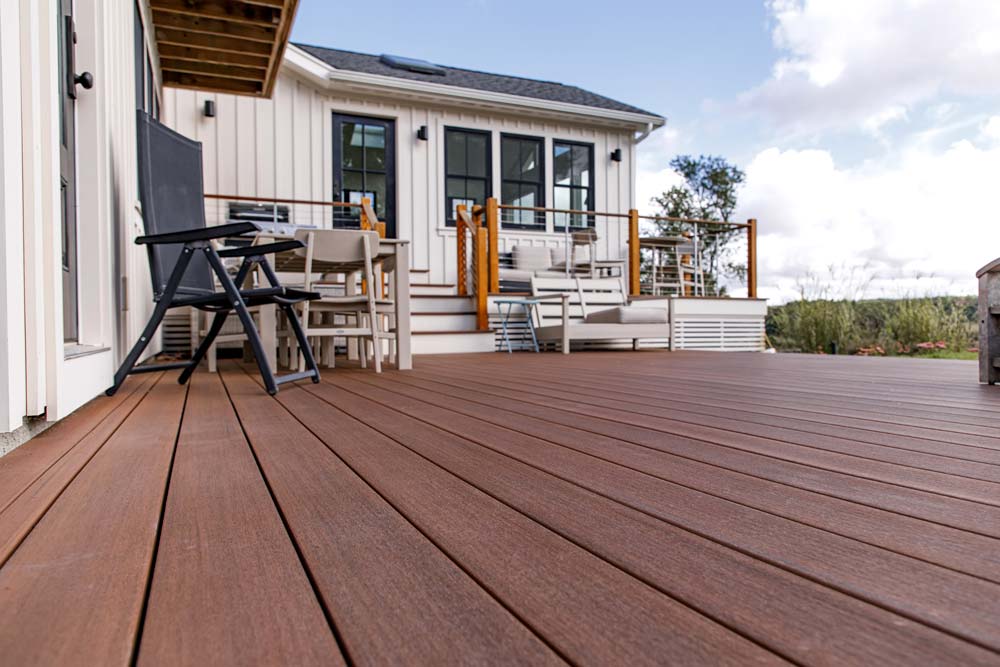 Beautiful new wooden porch in backyard