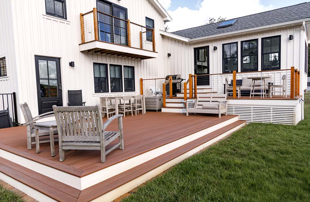 Beautiful new wooden porch in backyard